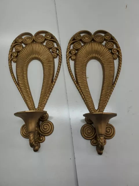 Vtg Burwood 2PC Floral Wall Hangings Sconces Candle Holders Hollywood Gold 1276