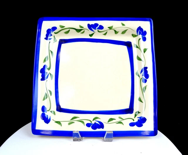 Studio Art Pottery Artist Signed Wheel-Thrown Blue Floral 11 3/4" Square Platter