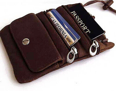 Brown Genuine Leather Cross Body Bag ID Holder Neck Pouch Travel Passport