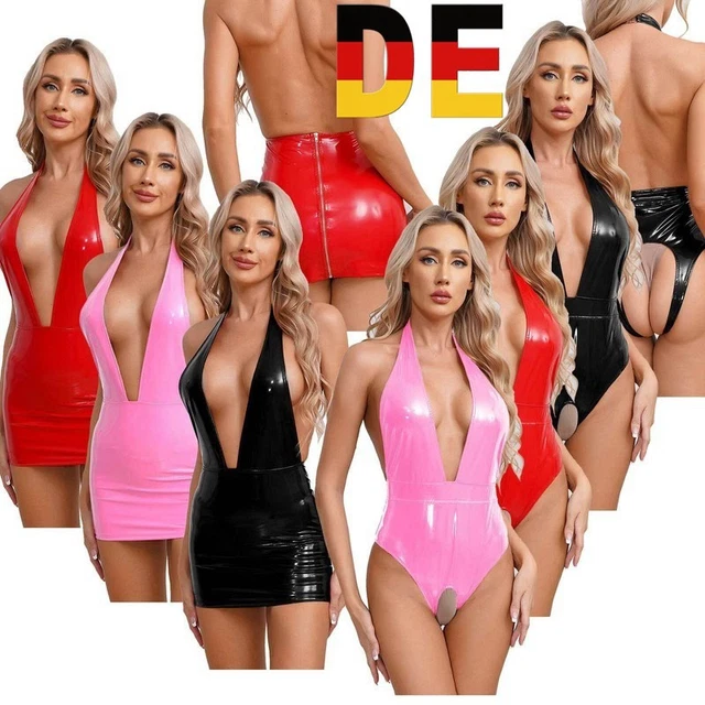 Damen Wet Look Minikleid und Clips Bodycon Kleider Lackleder
