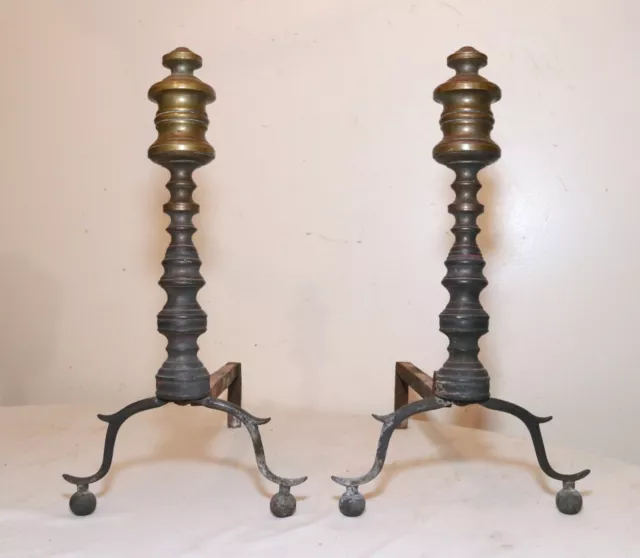 pair 18th century turned peened brass wrought iron Georgian andirons 1700's