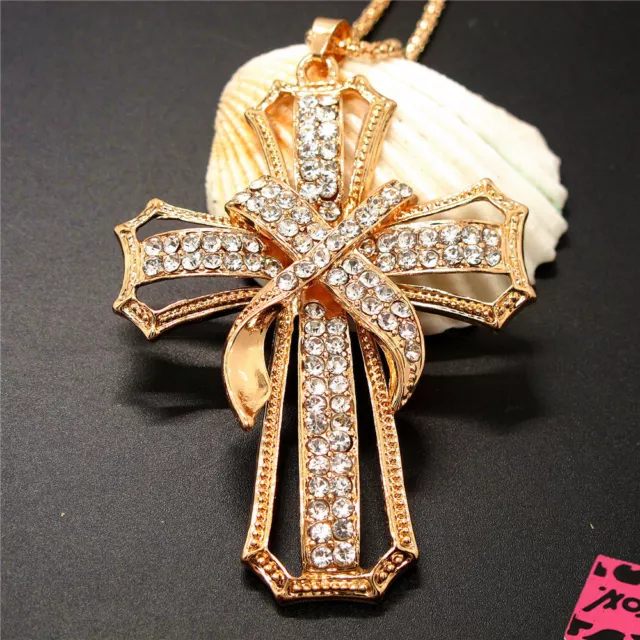 New White Rhinestone Cross Bling Crystal Pendant Betsey Johnson Necklace