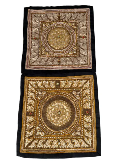 Pair of new Burmese Kalaga Myanmar Tapestry Embroidery Sequined Wall Arts 24x24”