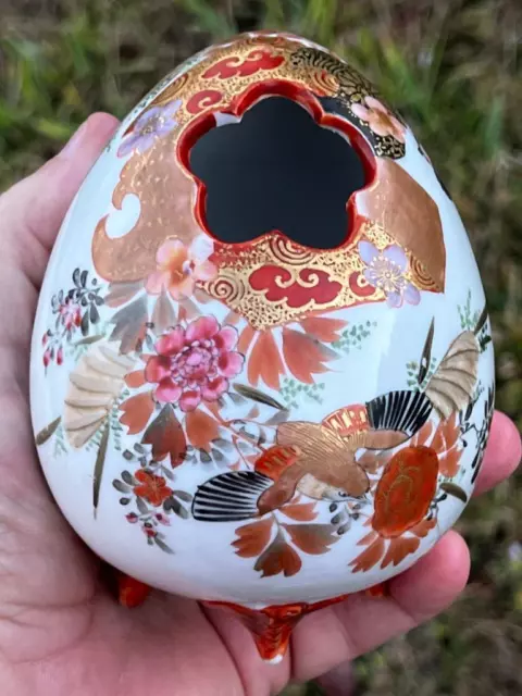 Old Signed Japanese Asian Art Porcelain Hand Painted Kutani Egg Vase Bird Flower