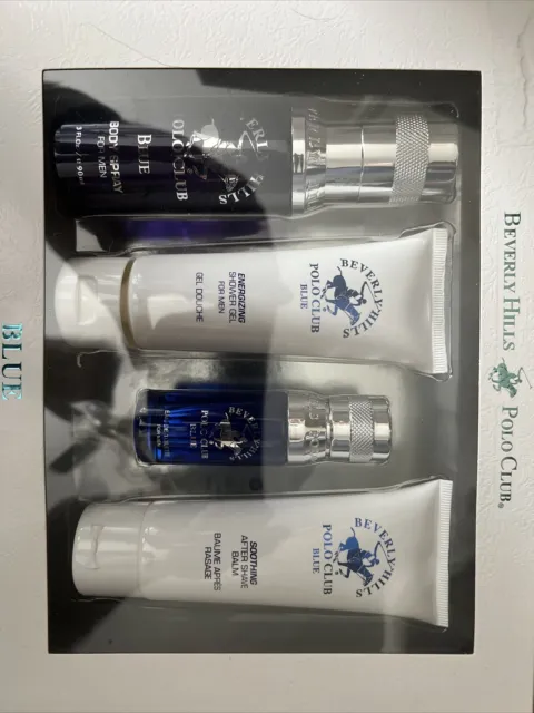 NIB  Men's  Beverly Hills Polo Club Blue 4 Piece Gift Set Body Spray Cologne