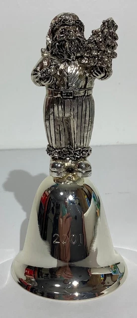 Vintage Silver Santa holding Tree & Bird Christmas Bell 2001