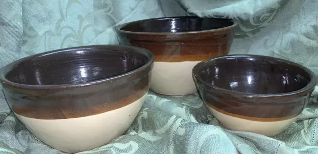 Vintage Crock Stoneware Set Of 3 Mixing Nesting Serving Bowls
