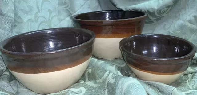 Vintage Crock Stoneware Set Of 3 Mixing Nesting Serving Bowls