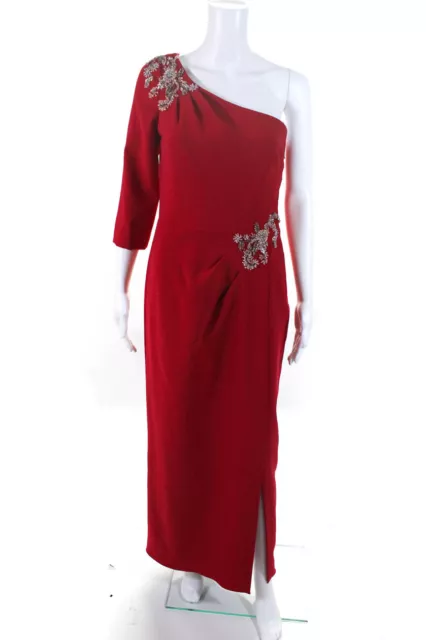 Marchesa Notte Womens Jeweled Emboidered One Shoulder Zipped Gown Red Size 6