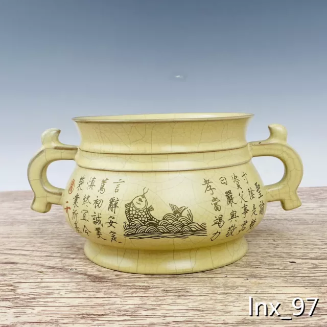 10" Chinese old Porcelain Ge kiln mark open slice Carve Poem Binaural censer