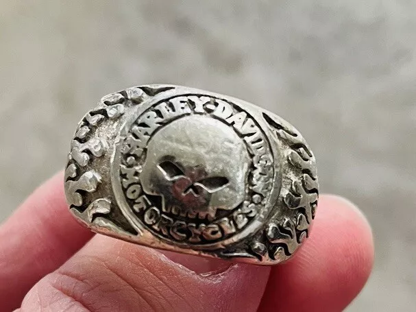 Vintage 925 Sterling Silver Harley Davidson Skull & Flames Men's Ring 11.5