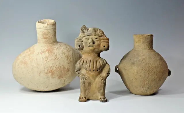 Mid Century Vintage Pottery Pre Columbian Jug Spout Jar Pot & Figure LOT