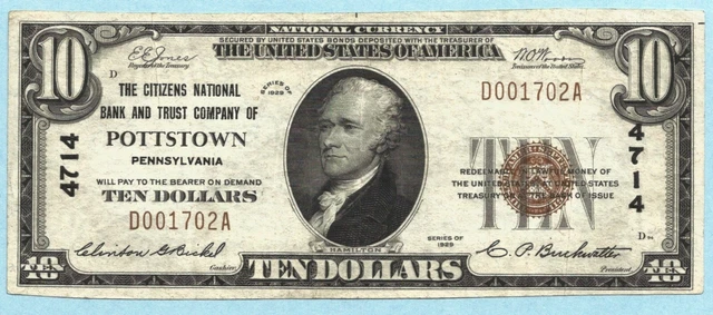 $10 National Currency 1929 T1 - Ch#4714 Citizens NB & TC, Pottstown, PA - ChVF