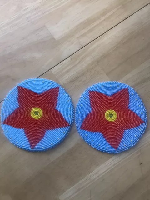 5 inch Beaded Rosettes Red & Blue Star design Leather Back Set of 2