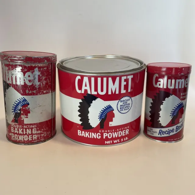 Vintage Calumet Baking Powder Empty Tins Lot of 3 Large 5 lb 1 Lb and 14oz