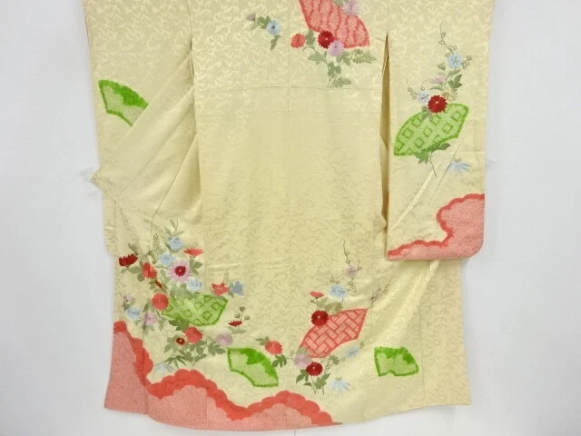 82906# Japanese Kimono / Antique Furisode / Embroidery / Shibori / Kiku & Pl