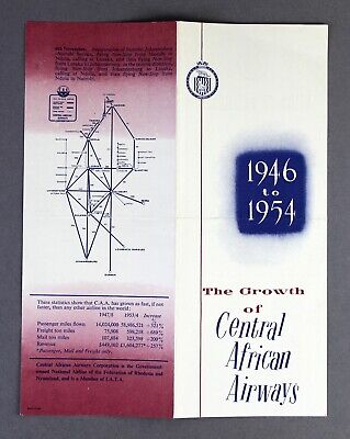 Central African Airways Airline Brochure Growth Of Caa 1946-1954 With Route Map