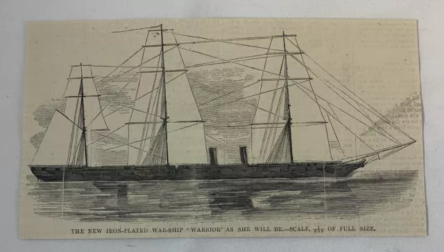 1861 magazine engraving~ NEW UNION IRON PLATED WARSHIP 'WARRIOR'