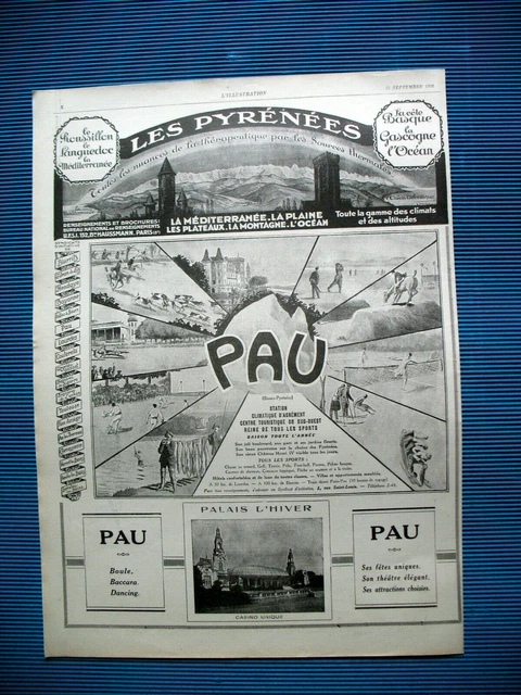 PUBLICITE DE PRESSE PAU CASINO HOTELS TOURISME PYRéNéES FRENCH AD 1926