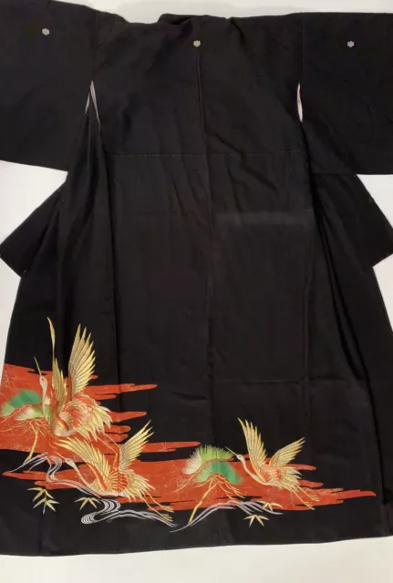 VTG Japanese Kuro Tomesode Kimono Formal Black Embroidered Cranes