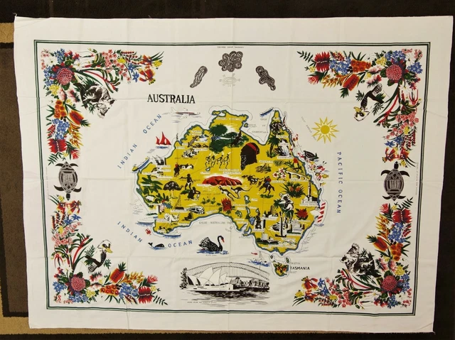 Australia Map Surrounding Oceans Tablecloth Vtg 50-60s Souvenir 68x53