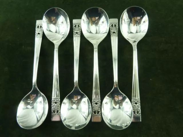 6 Vintage Oneida Coronation pattern silver plated Soup Spoons Hampton #1