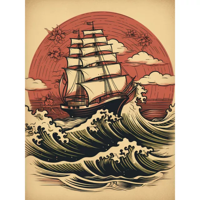 Ship Sailing in Rough Sea Waves Retro Americana 50s Wall Art Poster Print Giant