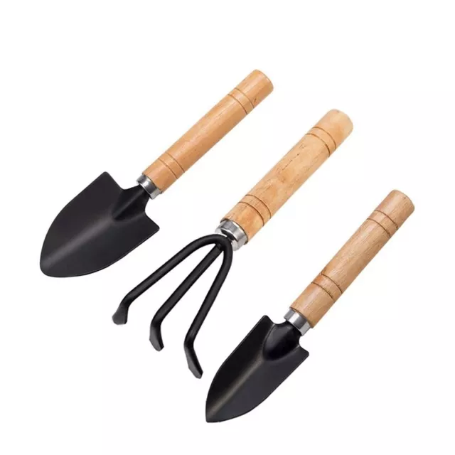 Set of 3 Garden Tool Hand Planting Tools Small Shovel Rake Spade Wood3926
