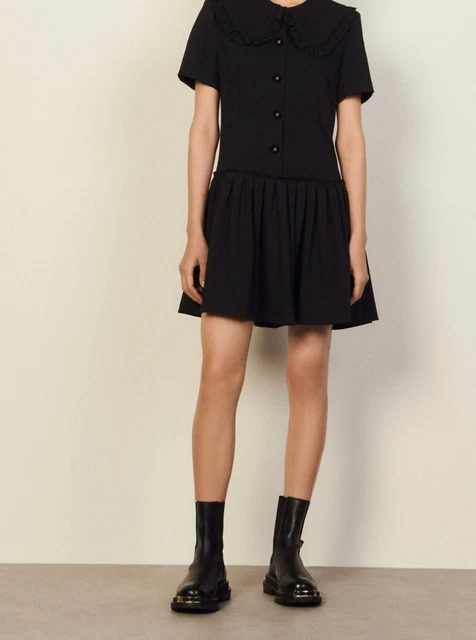 NEW Sandro Womens Peter pan Collar Mini Dress Black Size 38 NWT
