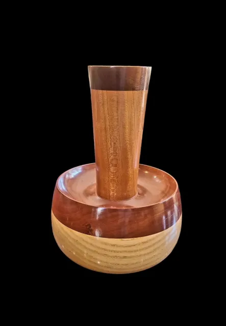 MCM OOAK Hand Turned Boho Tri-Tone Cherry Walnut Oak Vase SIGNED F. Slim 2005