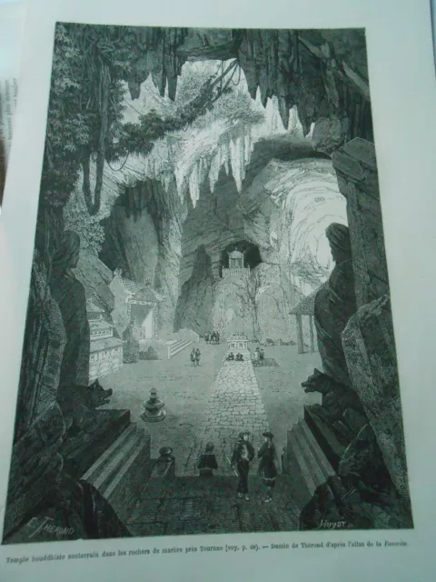 Gravure 1860 - Temple Bouddhiste souterrain dans les rochers marbre Tourane