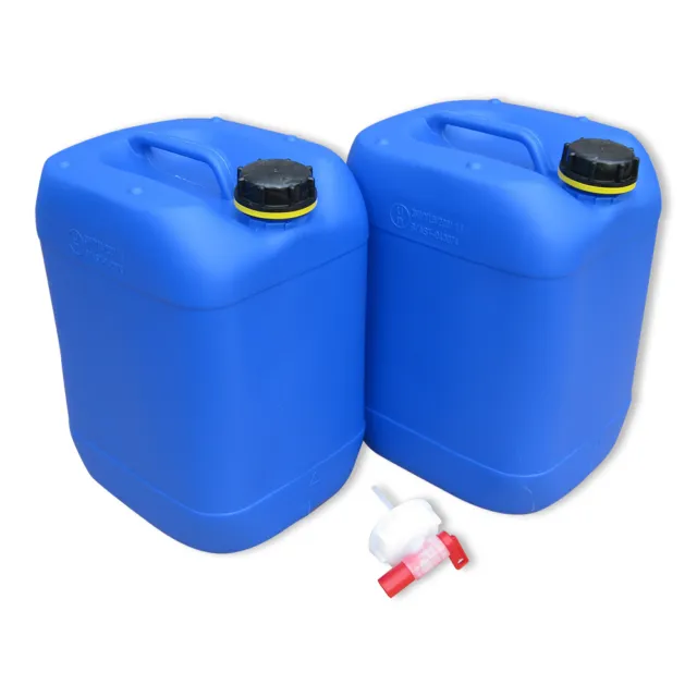 2 Stück 20 L blau Trinkwasserkanister Kanister lebensmittelecht dicht + Hahn.