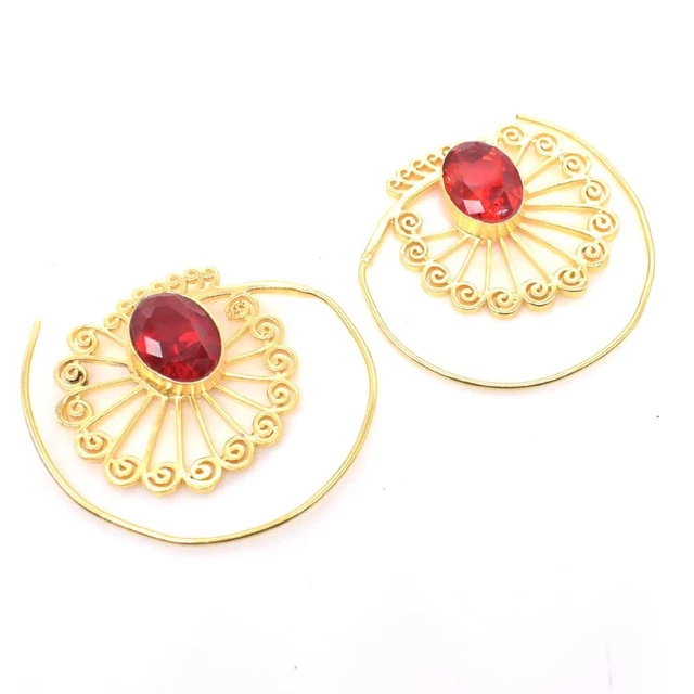 Red Garnet Quartz Simulated Gemstone Gold Plated Stylish Spiral Earring F880