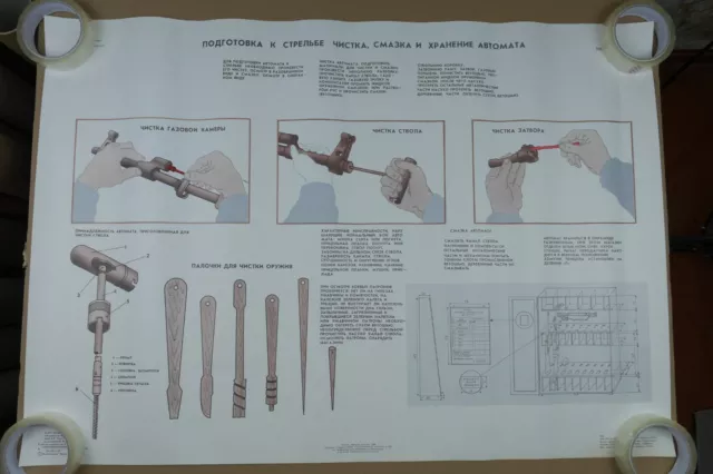 Authentic Russian USSR Military Poster AKM Kalashnikov Rifle Cleaning, Storage