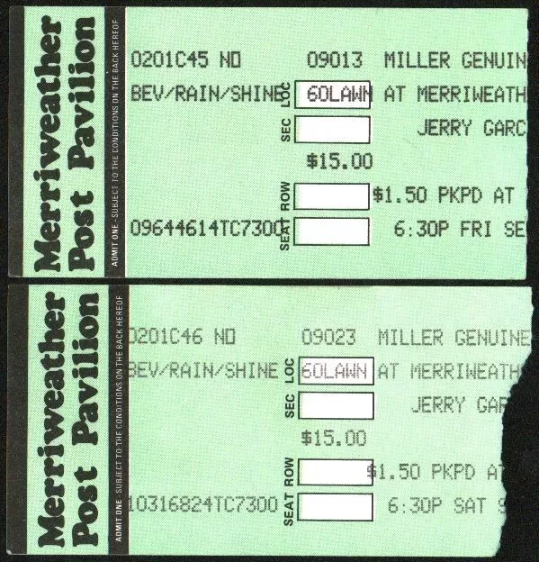 JERRY GARCIA-The Grateful Dead-1989 Concert Ticket Stubs (Lot of 2) (Columbia)