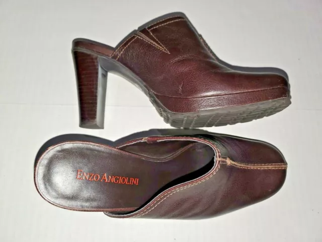 Enzo Angiolini Brown Leather Platform Heels Slip-on Slides Mules Shoes Women 6.5
