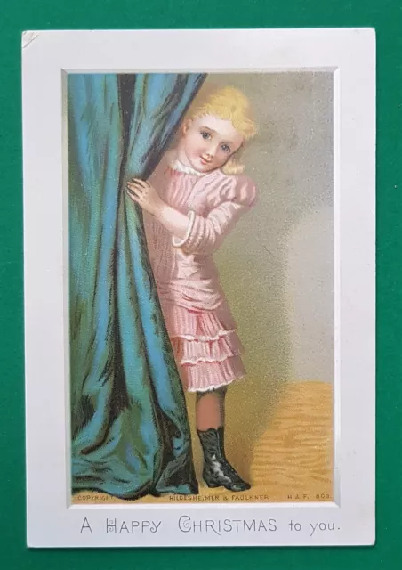 Victorian GIRL BEHIND CURTAINS   H&F Christmas Greetings Card