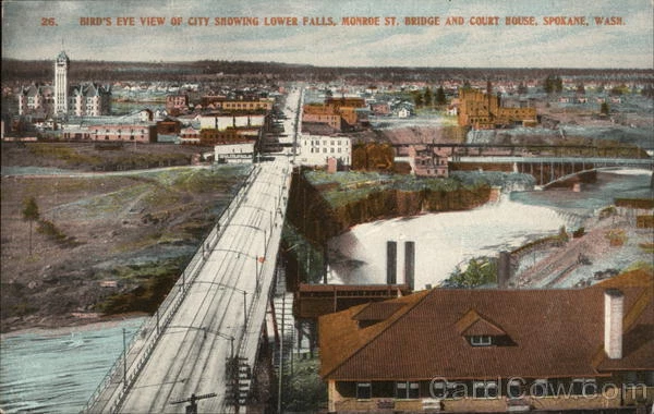 Spokane,WA Bird's Eye View of City Showing Lower Falls,Monroe St. Bridge and Cou
