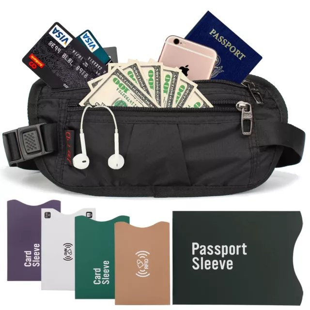 Double Pocket Money Belt For Travelling Passport Wallet + RFID Blocking Sleeves