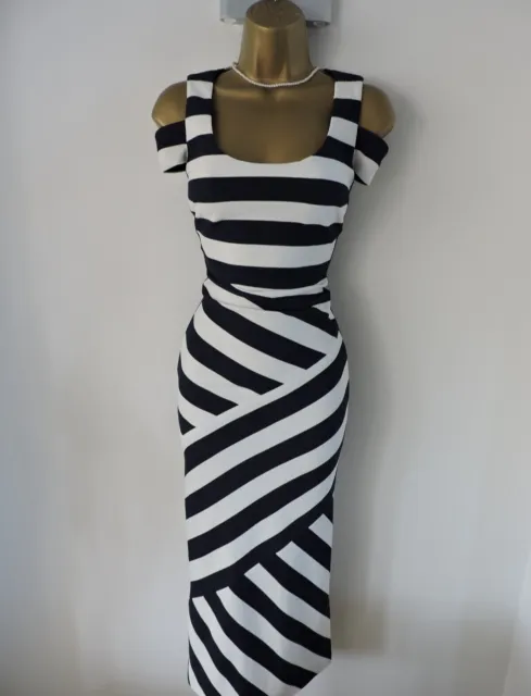 Karen Millen Size UK 12 BODYCON STRIPED MIDI DRESS IN NAVY BLUE WHITE