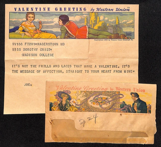 c1936 Western Union Color Romantic Valentine Greeting Poem w/ Cover