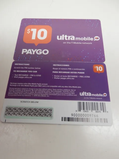 Ultra Mobile PAYGO Prepaid $10 Refill Top-Up RECHARGE Card