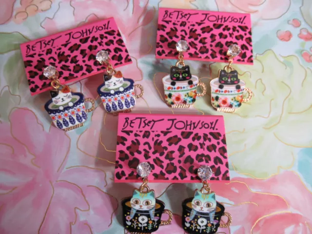 Betsey Johnson Cat Kitten Cute Enamel Crystal Short Dangle Earring Lot 3  NWT