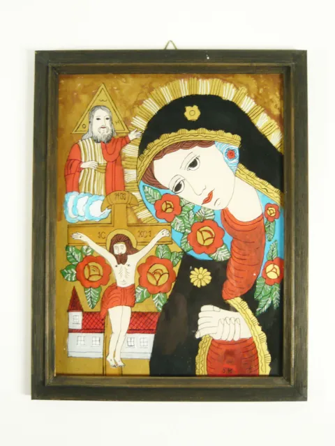 Klosterarbeit Hinterglasmalerei Heiligenbild Ikone Jesus Maria Gott 18,7x23,9cm