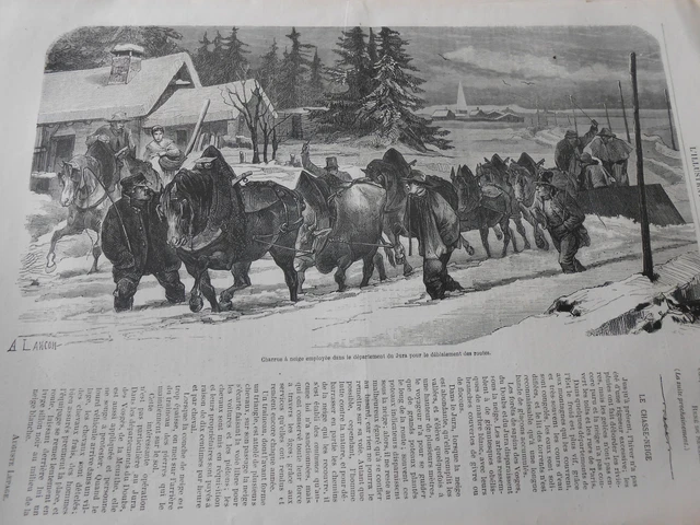 Gravure 1869 - Charrue à neige employée dans le dpt du Jura