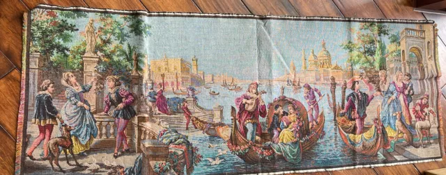 Vintage Tapestry Wall Hanging Scenes Of Venice, Italy Fringed 20”x54” MINT COND.