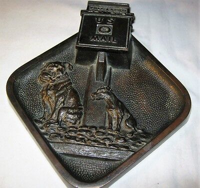 Antique Judd Usa Post Office Mail Cast Iron Dog Desk Art Plaque Pen Inkwell Tray