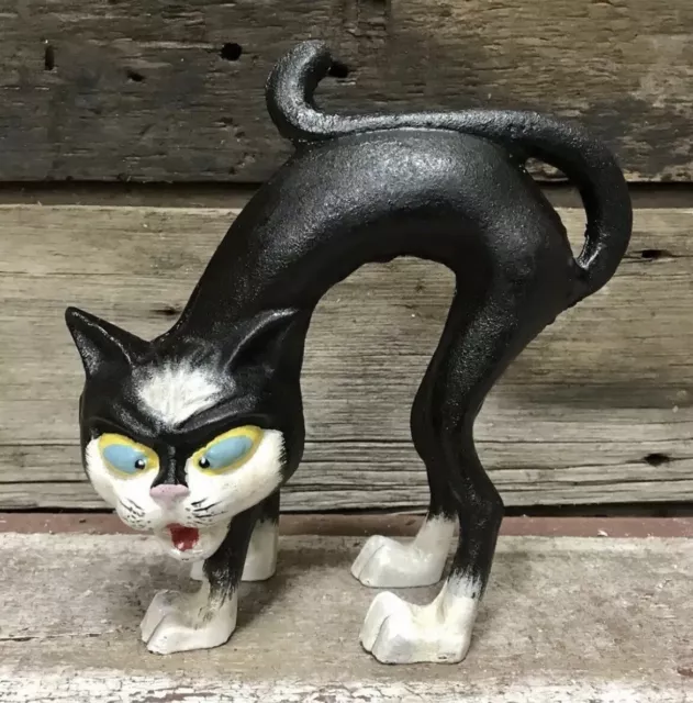 Black Cat Scaredy Cat Cast Iron Halloween Figurine Door Stop, 7.5" x 7"