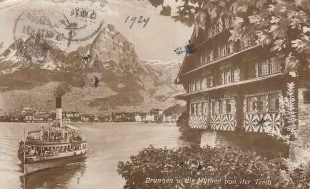 Schweiz - SW-AK Brunnen u. die Mythen von der Treib - echt gel. 1924