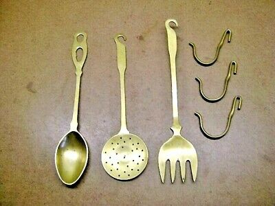 SOLID BRASS KITCHEN SERVING SET Sieve Spoon & Fork w/Pot Rack Hanging Hooks